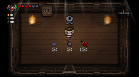 Random shops can be found with predetermined randomized items for sale. The shop is reminiscent of Legend of Zelda shops.